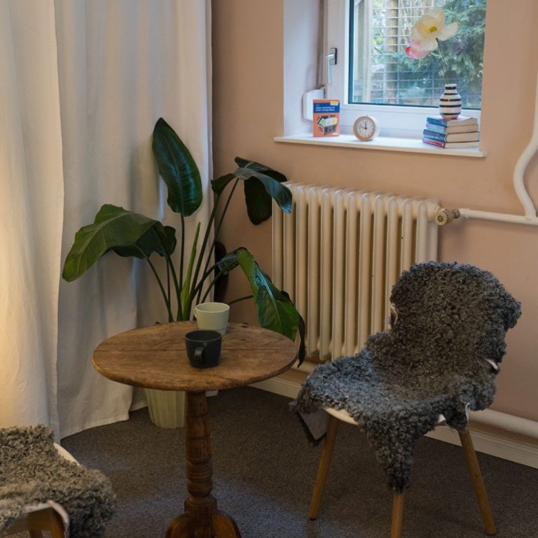 Gesprächsraum für die Beratung Gemütliche Beratungsraum mit Holztisch, Stühlen mit Schaffell und grüner Pflanze.